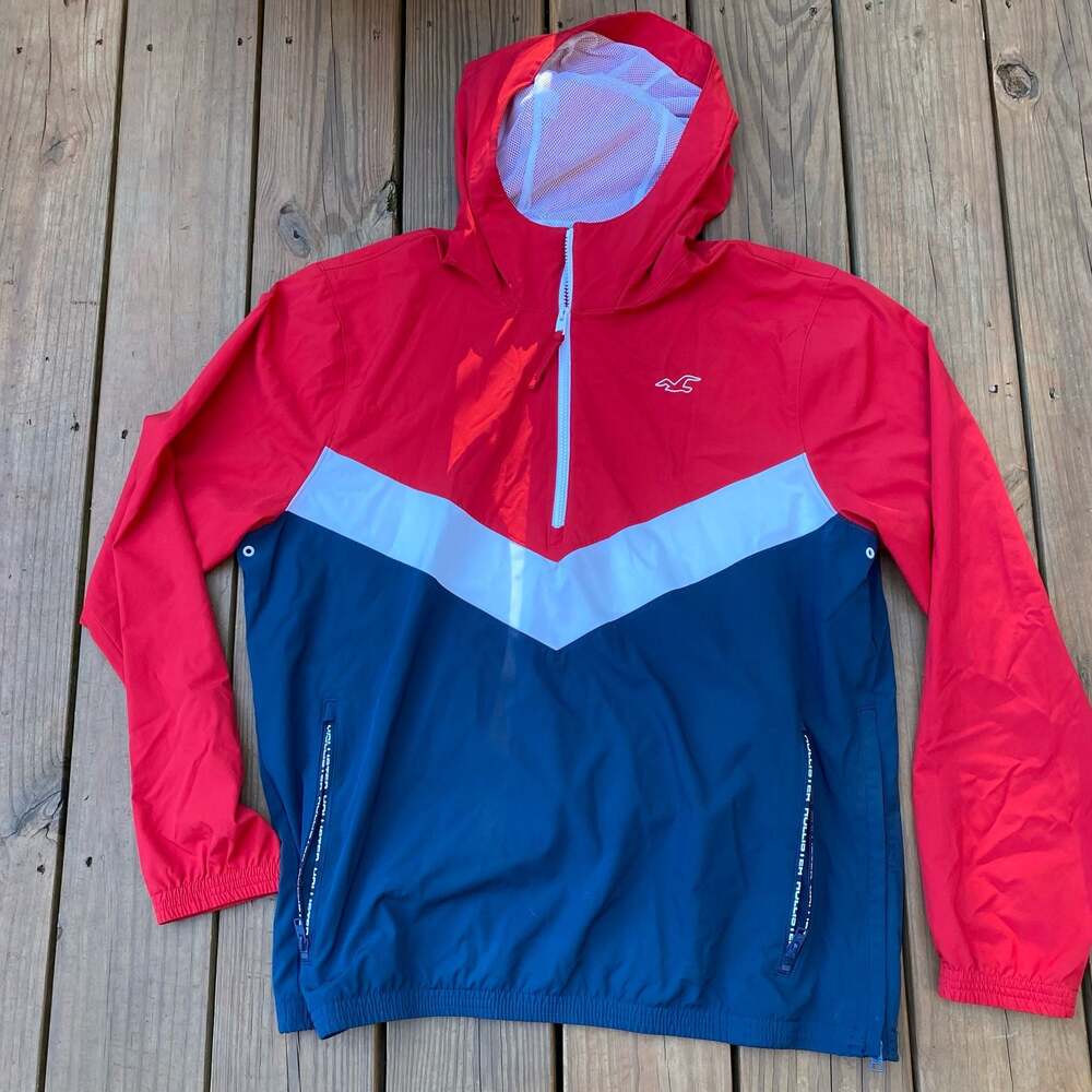 Hollister Epic Flex Red White Blue Half Zip Hooded Windbreaker Jacket XL